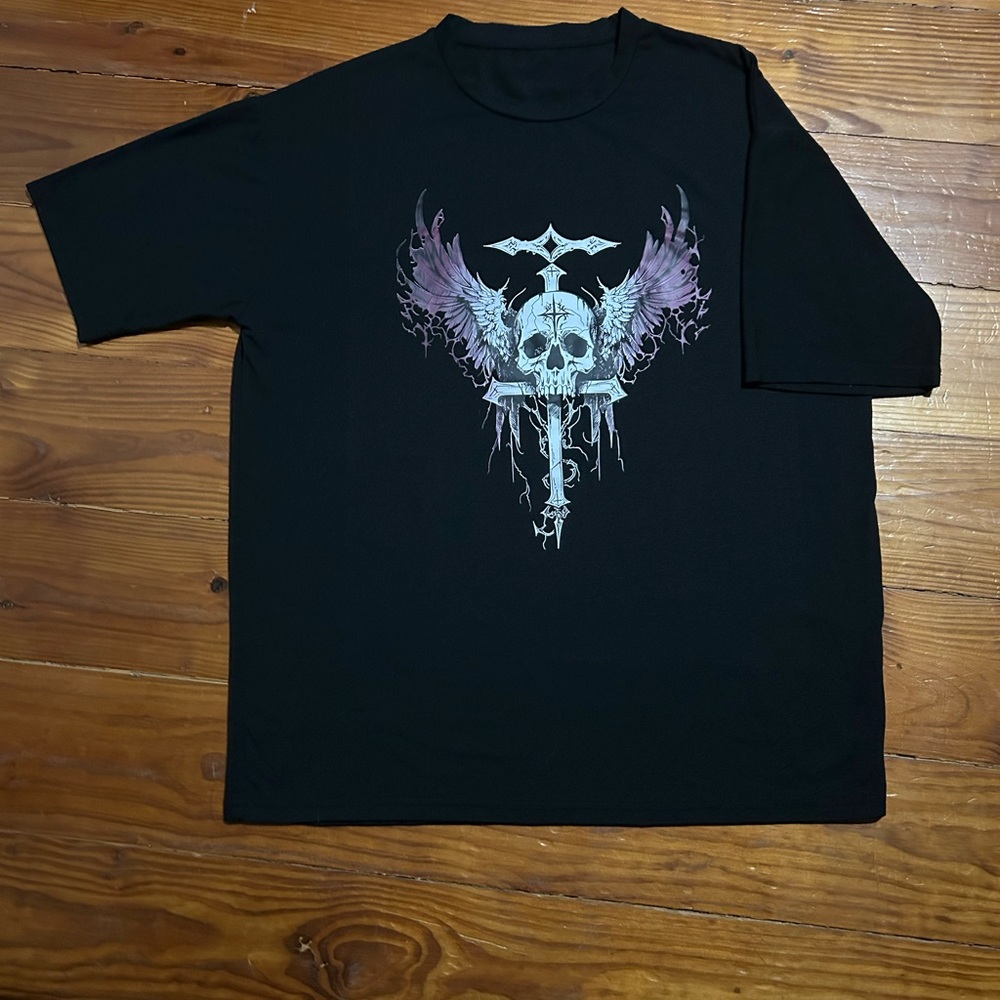 Black Graphic Tee with Skull and Wings Design